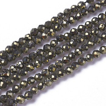 Natural Pyrite Beads Strands, Faceted, Round, 2~2.5x2mm, Hole: 0.2mm, about 158~205pcs/strand, 15.7~16.7 inch(40~42.5cm)