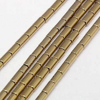 Electroplate Non-magnetic Synthetic Hematite Beads Strands, Column, Grade A, Golden Plated, 2.75x2mm, Hole: 1mm, about 135pcs/strand, 16 inch