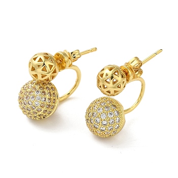 Rack Plating Brass Micro Pave Cubic Zirconia Ball Stud Earrings for Women, Long-Lasting Plated, Lead Free & Cadmium Free, Real 18K Gold Plated, 10.5x10mm