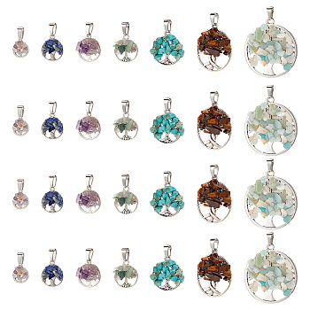 28Pcs 7 Styles Mixed Gemstone Pendants, Tree of Life Charms, with Antique Silver Alloy Findings, 13~38mm, 4pcs/style