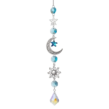 Glass Pendant Decorations, With Alloy Finding, Star with Moon, Blue, 300mm