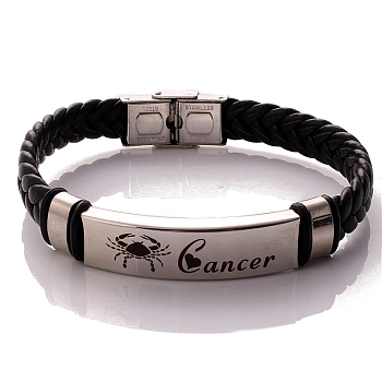 Braided Leather Cord Bracelets, Constellation Bracelet for Men, Cancer, 8-1/4 inch(21cm)