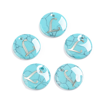 Synthetic Turquoise Charms, with Plastic Letter, Flat Round, Letter.L, 15x2mm, Hole: 1.5mm