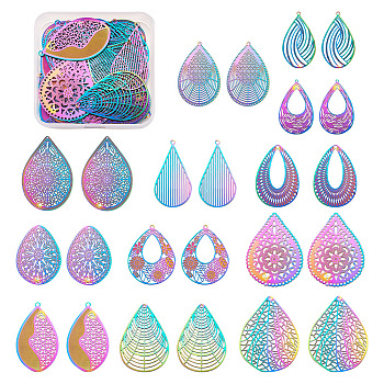 48 Pcs 12 Styles 201 Stainless Steel Filigree Pendants, Etched Metal Embellishments, Teardrop, Rainbow Color, 4pcs/style