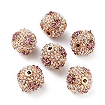 Golden Plated Alloy Rhinestone Beads, with ABS Imitation Pearl, Round, Light Rose, 15x14mm, Hole: 1.6mm