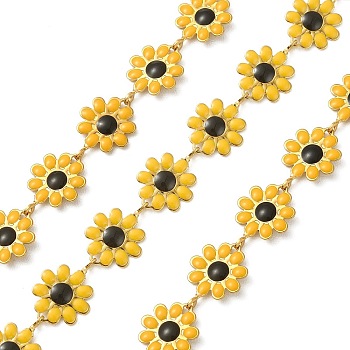 304 Stainless Steel Daisy Flower Link Chains with Enamel, Unwelded, with Spool, Golden, Yellow, 14x10x1mm, about 3.28 Feet(1m)/Roll