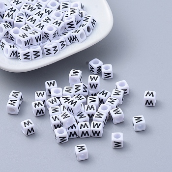 Letter W White Letter Acrylic Cube Beads, Horizontal Hole, Size: about 6mm wide, 6mm long, 6mm high, hole: 3.2mm, about 300pcs/50g