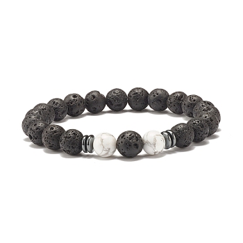 Natural Lava Rock Round Beaded Stretch Bracelet with Howlite, Oil Diffuser Power Gemstone Jewelry for Women, Inner Diameter: 2-1/8 inch(5.4cm)