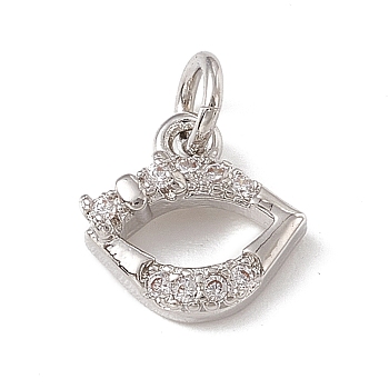 Brass Micro Pave Cubic Zirconia Charms, with Jump Rings, Lip Charm, Platinum, 9.5x9.5x2.5mm, Hole: 2.7mm