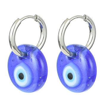 Blue Lampwork Evil Eye Dangle Hoop Earrings, 304 Stainless Steel Jewelry, Stainless Steel Color, 24x15mm