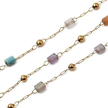 Handmade 304 Stainless Steel Mixed Stone Column Link Chains, Soldered, with 316 Stainless Steel Cable Chains & Spool, Ion Plating(IP), Real 18K Gold Plated, Beads: 2.5x2mm & 2mm
