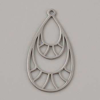 Stainless Steel Pendants, Laser Cut, Teardrop Charm, Stainless Steel Color, 43x23x1mm, Hole: 2mm
