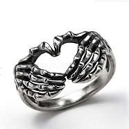 Alloy Heart Hands Finger Ring for Women, Antique Silver, US Size 6(16.5mm)(HEAR-PW0001-090-6)