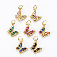 Brass Cubic Zirconia Charms, with Glass and Jump Ring, Real 16K Gold Plated, Butterfly, Nickel Free, Mixed Color, 10x11x3mm, Hole: 3mm, Jump Ring: 5x1mm, 3mm inner diameter(KK-N227-80-NF)