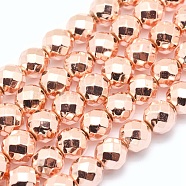 Electroplate Non-magnetic Synthetic Hematite Beads Strands, Grade AAA, Long-Lasting Plated, Faceted, Round, Rose Gold Plated, 4mm, Hole: 1mm, about 97pcs/strand, 15 inch(G-L485-03C-LRG)