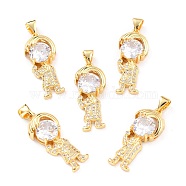 Brass Micro Pave Clear Cubic Zirconia Pendants, Long-Lasting Plated, Human, Real 18K Gold Plated, 27x11x6mm, Hole: 3x5mm(ZIRC-L100-047G)