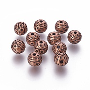 Tibetan Style Zinc Alloy Beads, Textured Round, Cadmium Free & Lead Free, Red Copper, 8mm, Hole: 1mm(PALLOY-L230-01R-RS)