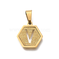 304 Stainless Steel Charms, Real 18K Gold Plated, Hexagon with Letter Charm, Letter V, 15x14x1.5mm, Hole: 3x5.5mm(STAS-H227-01G-V)