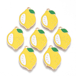 Alloy Enamel Pendants, Cadmium Free & Lead Free, Lemon, Light Gold, Yellow, 25x16x1.5mm, Hole: 1.6mm(ENAM-T011-39KC-RS)