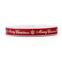 Polyester Grosgrain Ribbon for Christmas, Snowflake & Word, Red, 9mm, about 100yards/roll(SRIB-P013-C02)