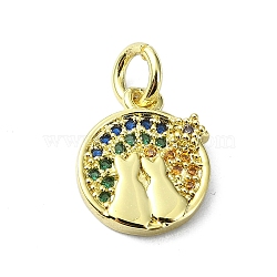 Brass Micro Pave Colorful Cubic Zirconia Pendants, with Jump Ring, Flat Round with Cat Charm, Real 18K Gold Plated, 12x9.5x2mm, Hole: 3mm(KK-H475-18G-02)