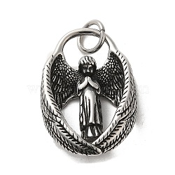 304 Stainless Steel Pendants, with Jump Ring, Angle with Wing Charm, Antique Silver, 45x27x8.5mm, Hole: 7mm(STAS-D091-07AS)