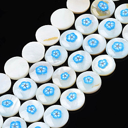 Natural Freshwater Shell Enamel Beads, Flat Round with Flower, Deep Sky Blue, 11x3mm, Hole: 0.8mm, about 32pcs/strand, 14.37 inch(36.5cm)(SHEL-N026-194-03A)