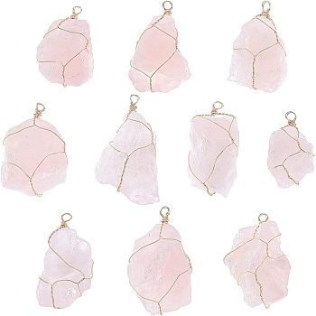 Olycraft 10Pcs Natural Rose Quartz Pendants, with Real 18K Gold Plated Eco-Friendly Copper Wire Wrapped, Nuggets, 43~53x29~30x15~28mm, Hole: 4~5.5mm