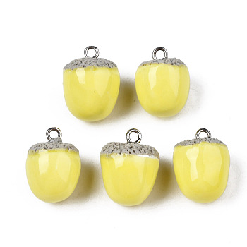Handmade Porcelain Pendants, with Platinum Plated Iron Findings, Famille Rose Style, Acorns, Yellow, 18~21x14~16mm, Hole: 2mm