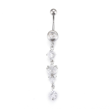 Piercing Jewelry, Brass Cubic Zirciona Navel Ring, Belly Rings, with 304 Stainless Steel Bar, Platinum, 62mm, Bar: 15 Gauge(1.5mm), Bar Length: 3/8"(10mm)