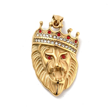 Ion Plating(IP) 304 Stainless Steel Pendants, with Rhinestone, Lion with Crown, Golden, 44x27.5x10.5mm, Hole: 4x8mm