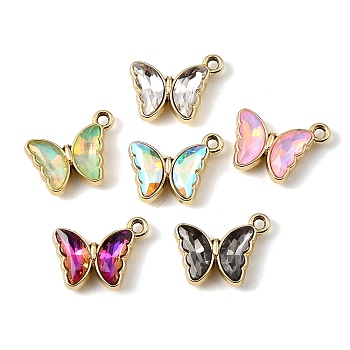 UV Plating Alloy Glass Pendants, Butterfly Charm, Faceted, Mixed Color, Golden, 14x17.5x4.5mm, Hole: 1.6mm