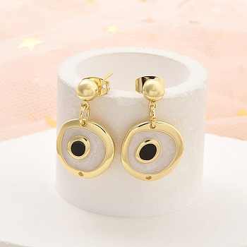 Real 18K Gold Plated Brass Enamel Dangle Stud Earrings Findings, Evil Eye(Left or Right Random Delivery), White, 24x14.5mm, Hole: 0.9mm, Pin: 0.7x11.5mm