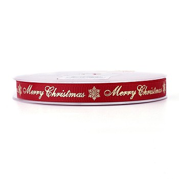 Polyester Grosgrain Ribbon for Christmas, Snowflake & Word, Red, 9mm, about 100yards/roll