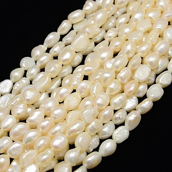 Natural Cultured Freshwater Pearl Beads Strands, Two Sides Polished, Creamy White, 9~10mm, Hole: 0.8~1mm, about 32pcs/strand, 13.77 inch~14.17 inch