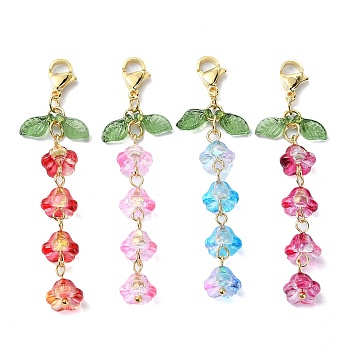 4Pcs Flower Glass Pendant Decorations, Transparent Acrylic Leaf and Lobster Claw Clasps Charm, Mixed Color, 65mm, Pendants: 13x9x6mm