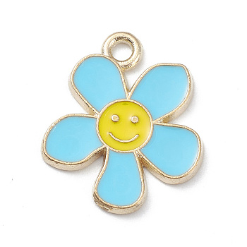 Alloy Enamel Pendants, Light Gold, Flower with Smiling Face Charm, Cyan, 21.5x18x1.5mm, Hole: 2mm