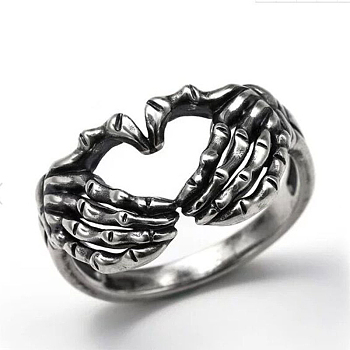 Alloy Heart Hands Finger Ring for Women, Antique Silver, US Size 6(16.5mm)