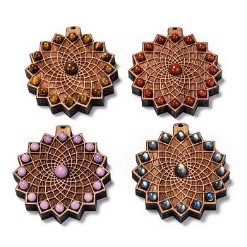 Beech wood Pendants, with Natural Gemstone Beads, Flower, 47x43x11.5mm, Hole: 2mm