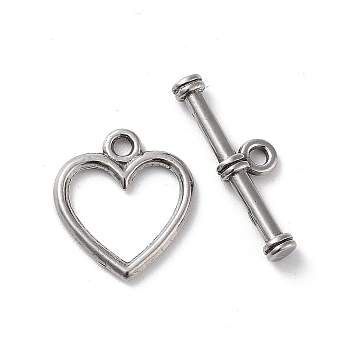 Non-Tarnish 304 Stainless Steel Toggle Clasps, Heart, Stainless Steel Color, 14x12.5x1.5mm, Hole: 1.5mm, Bar: 6x18x3, Hole: 1.5mm