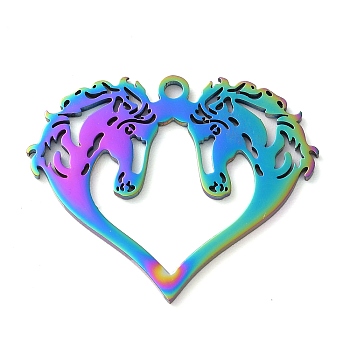 304 Stainless Steel Pendants, Heart with Horse Charms, Rainbow Color, 29x35x1.5mm, Hole: 2mm