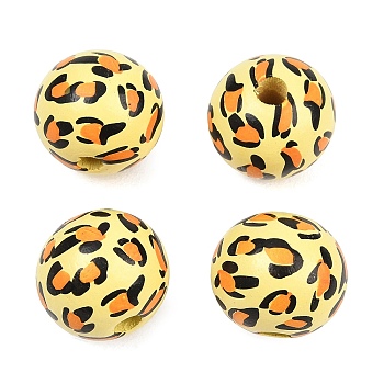 Printed Wood European Beads, Round with Leopard Print Pattern, Large Hole Beads, Champagne Yellow, 19.5x17.5mm, Hole: 4.5mm