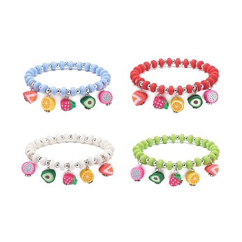 Polymer Clay & Plastic Beaded Stretch Bracelet with Fruit Charms for Women, Mixed Color, Inner Diameter: 2-1/8 inch(5.5cm)