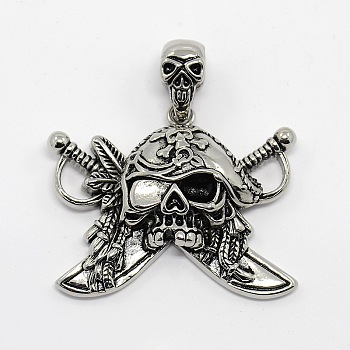 Vintage Men's 304 Stainless Steel Focus Pirate Style Skull Pendants, Antique Silver, 48x46x8mm, Hole: 11x5mm