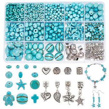 DIY Jewerly Making Finding Kit, Including Synthetic Turquoise Beads, Alloy European Beads, Disc & Rondelle & Chips & Starfish & Heart & Leaf, Turquoise