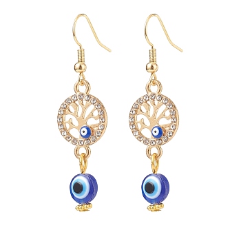 Crystal Rhinestone Dangle Earrings with Enamel Evil Eye, Brass Drop Earrings with Resin Beaded for Women, Golden, Tree of Life Pattern, 51mm, Pin: 0.7mm