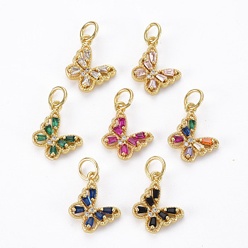 Brass Cubic Zirconia Charms, with Glass and Jump Ring, Real 16K Gold Plated, Butterfly, Nickel Free, Mixed Color, 10x11x3mm, Hole: 3mm, Jump Ring: 5x1mm, 3mm inner diameter