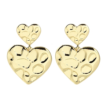 Rack Plating Brass Textured Heart Dangle Stud Earring, Long-Lasting Plated, Lead Free & Cadmium Free, Real 18K Gold Plated, 40.5x29mm