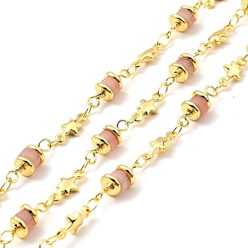 Synthetic Cherry Quartz Glass Column & Star Link Chain, with Brass Findings, Soldered, with Spool, Lead Free & Cadmium Free, Real 18K Gold Plated, 13.5x5mm, 10x4x1.5mm