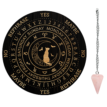 AHADEMAKER 1Pc Wood Pendulum Board, 1Pc 304 Stainless Steel Cable Chain Necklaces, 1Pc Natural Rose Quartz Stone Pendants, for Witchcraft Wiccan Altar Supplies, Constellation Pattern, Board: 200x4mm